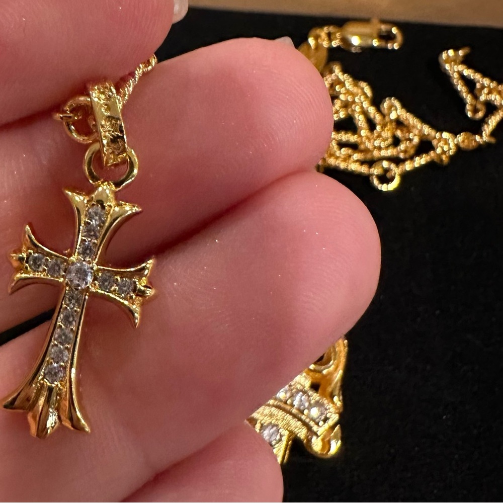 Gold Pendant Necklace with Cross and Sword Charms - Picture 4 of 6